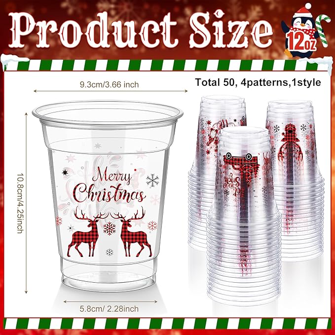 50 Pcs Merry Christmas Buffalo Plaid Plastic Cups 12 oz Clear