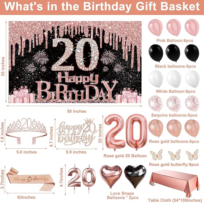20th Birthday Decorations for Her 49pcs Black Rose Gold Black Banner