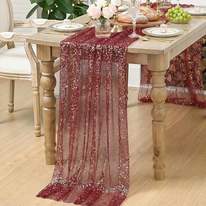 Artoid Mode Burgundy Gold Gauze Table Runner 120 Inch 10FT, Glitter