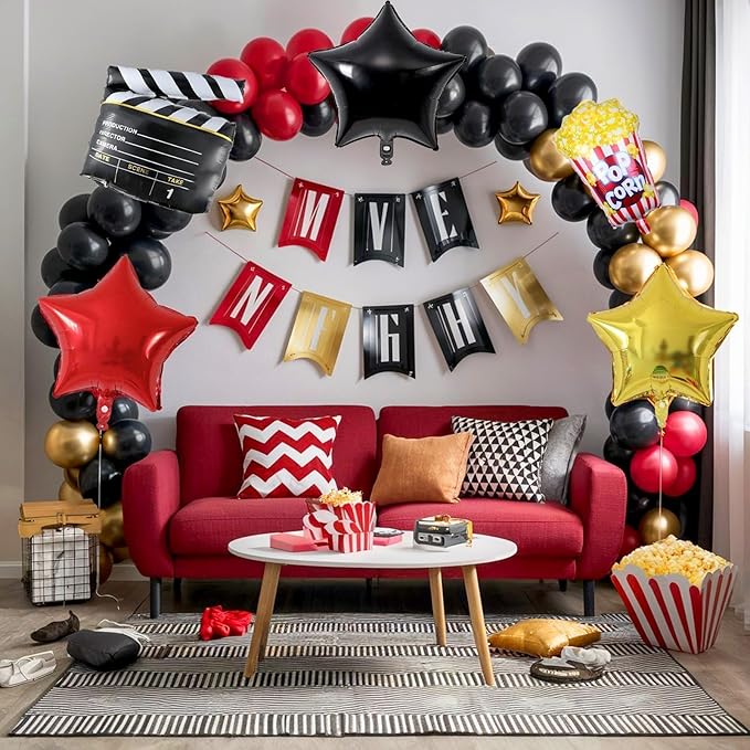Movie Night Balloon Garland Arch Kit Red Black Gold Balloons with