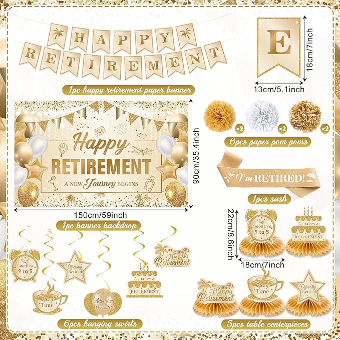 20pcs Retirement Party Decorations for Women Men Gold Happy