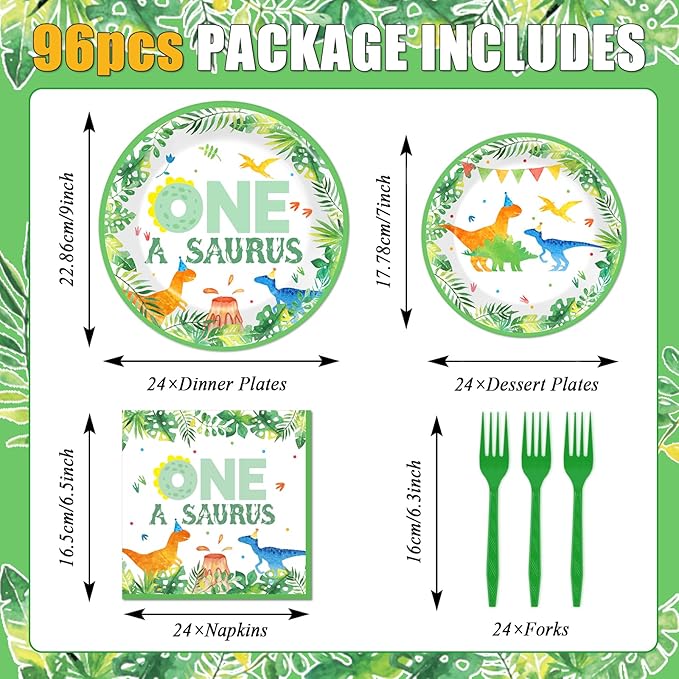 96Pcs One A Saurus Birthday Party Plates and Napkins Dinosaur First