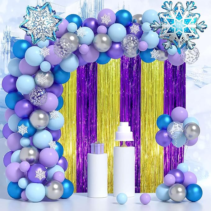 Voircoloria 3 Pack 3.3 x 8.2 ft Purple and Gold Foil Fringe Backdrop