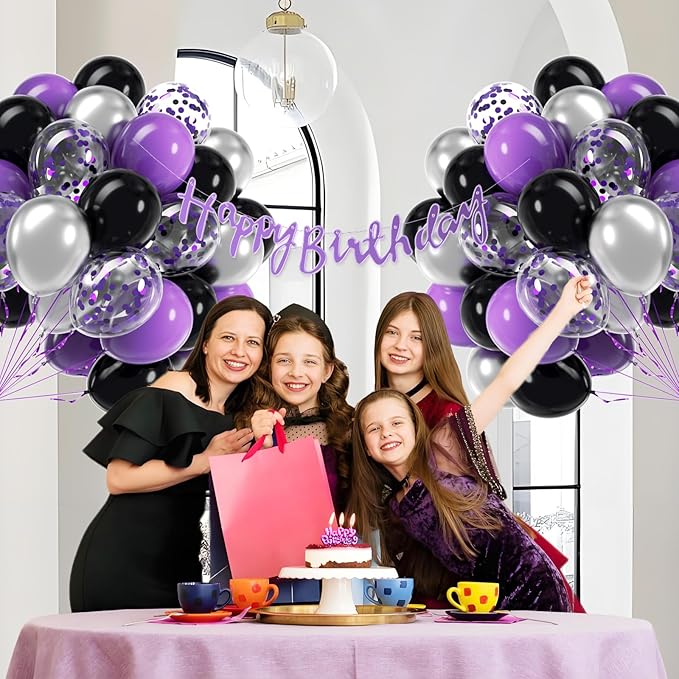 60pcs Purple and Black Balloons 12inch, Purple and Silver Balloon