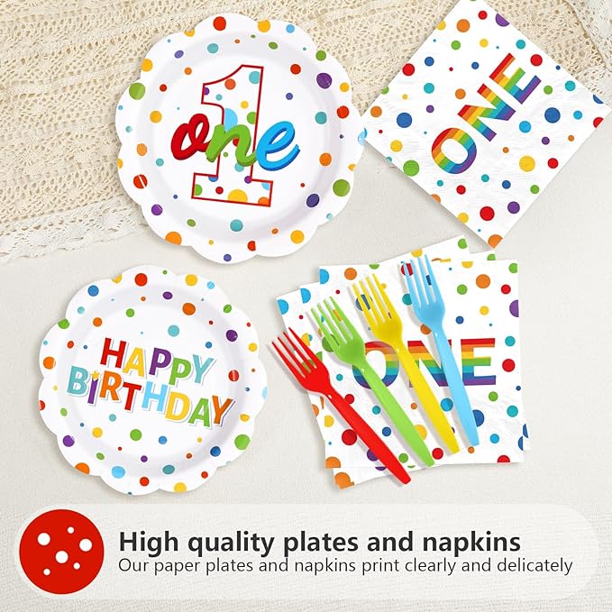 96Pcs Happy 1st Birthday Party Supplies Colorful Polka Dots 1st
