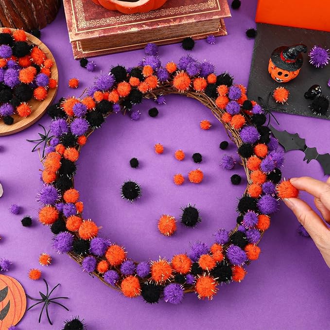 Halloween Pom Poms Balls 600 Pieces Orange Black Purple Craft