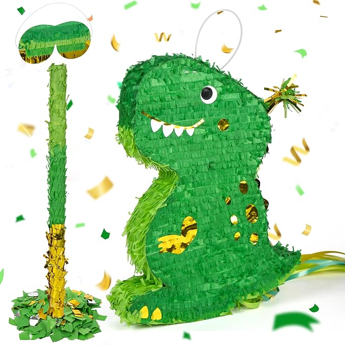 Small Dinosaur Pinata T Rex Green Gold with a Blindfold a Bat and