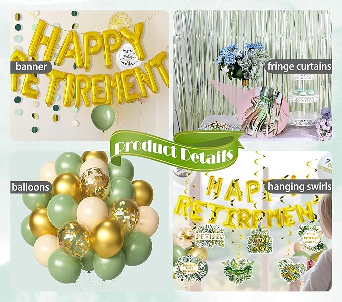 Sage Green & Gold Retirement Decorations Happy Retirement Banner