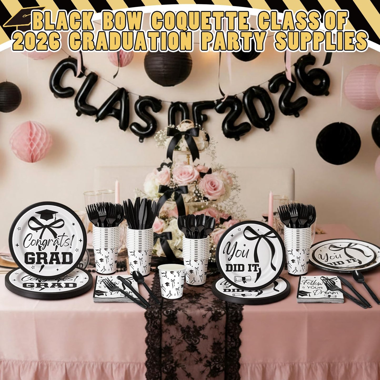 Sunnychicc 168 Pcs Black Bow 2026 Graduation Party Supplies Black