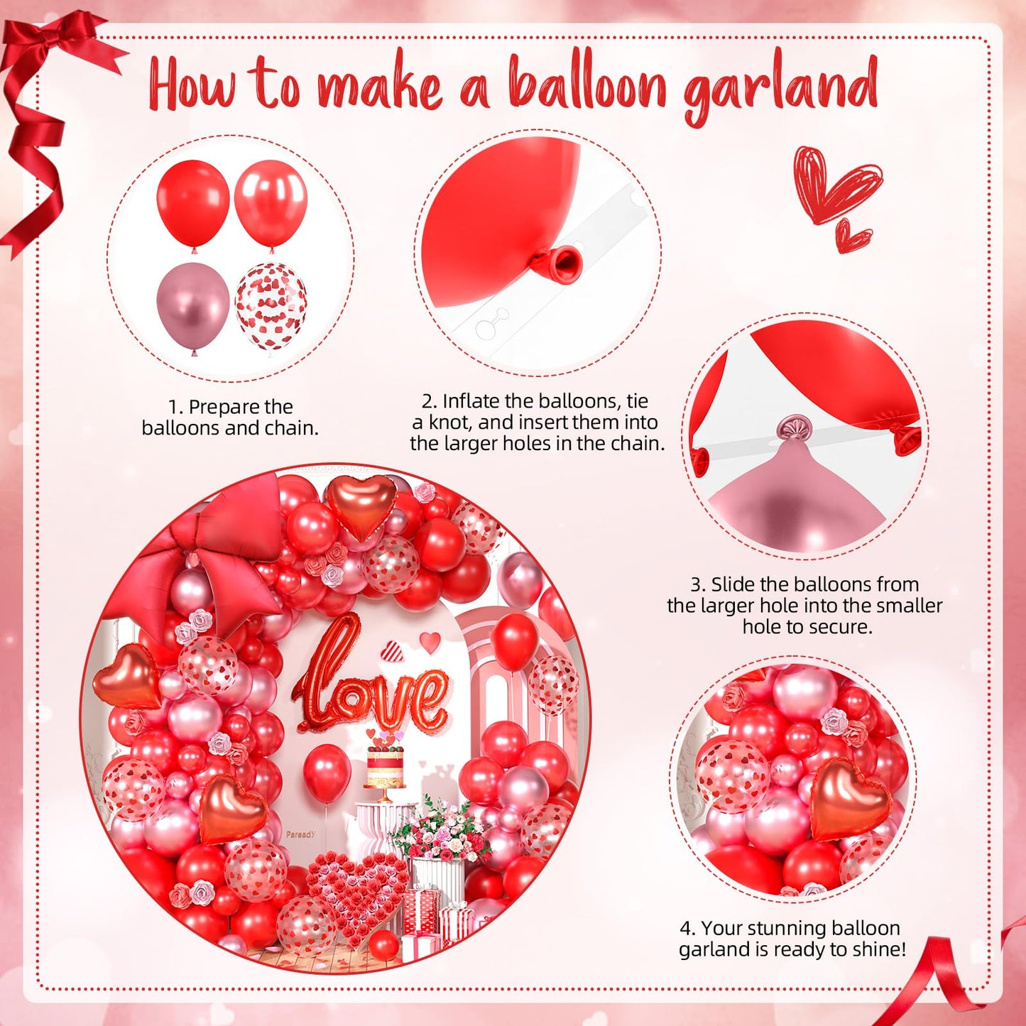 Red Balloons Arch Kit, Metallic Red Pearl Balloon Valentine Garland