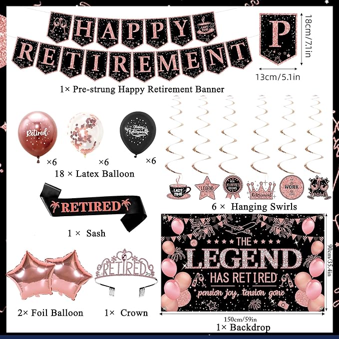 Retirement Party Decorations Women Black and Pink Happy Retirement