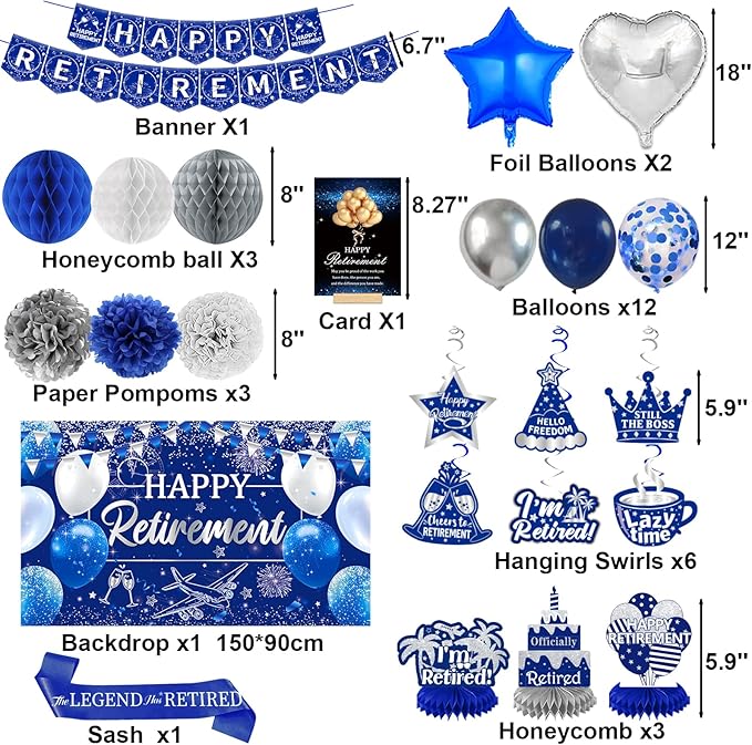 Happy Retirement Party Decorations for Men Women Blue Silver Happys