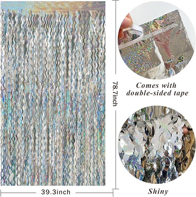2 Pack Silver Backdrop Curtain Tinsel Streamers Sparkle Metallic Wavy