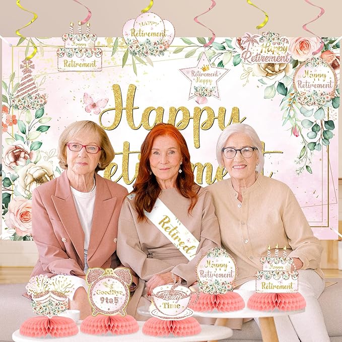 Pink Floral Retirement Party Decorations for Women Happy Retirement