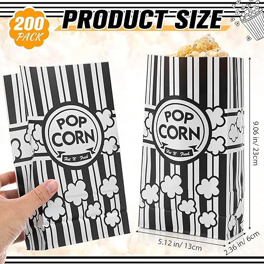 200 Pcs Paper Popcorn Bags Bulk 2 oz Large Flat Bottom Boxes Red and