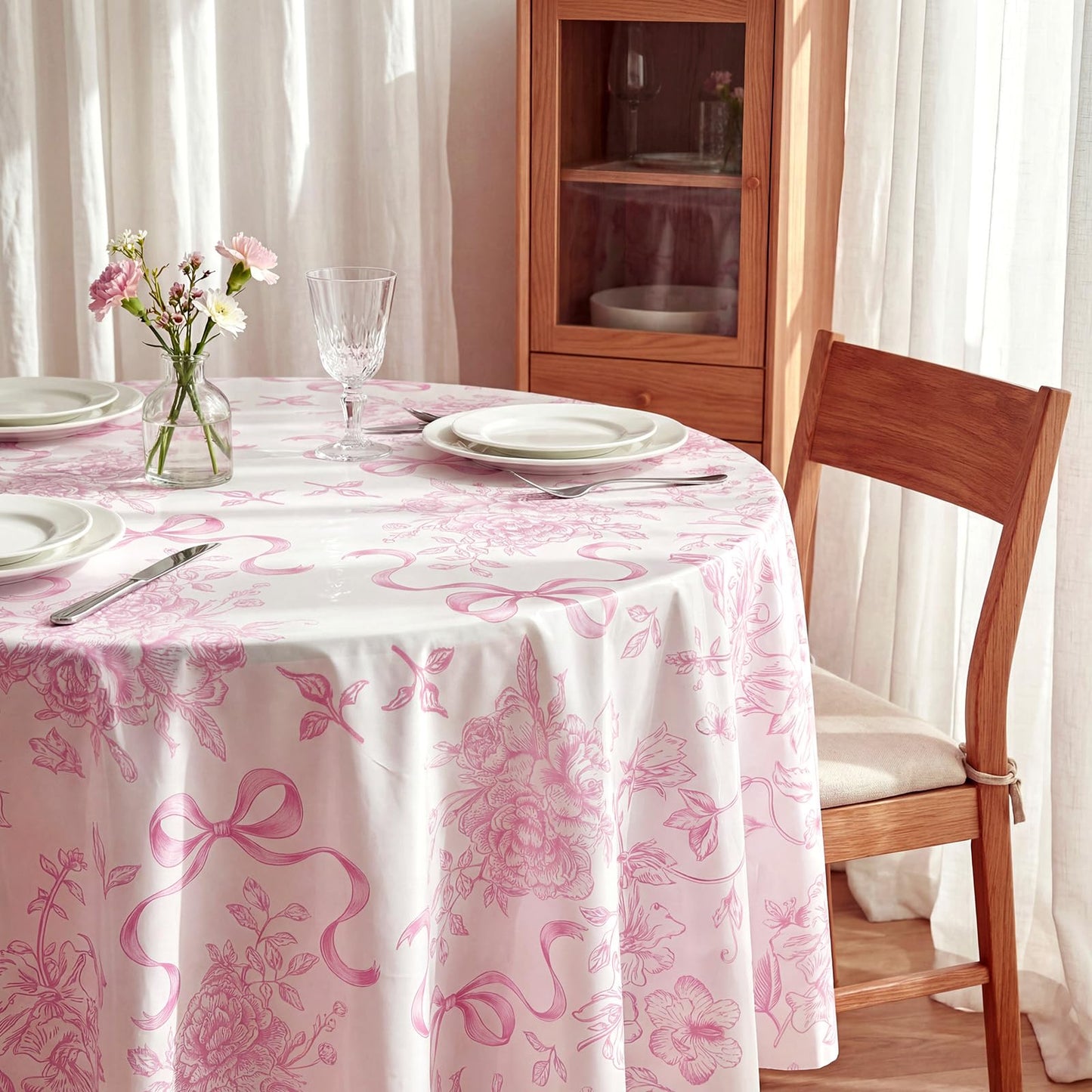 Ganeen 12 Pcs Pink Floral Bow Plastic Tablecloth Flower Round Vintage