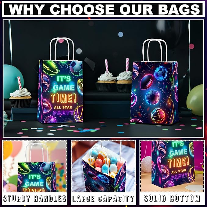 24 Pack Neon Sports Party Favor Bags for Kids Glow in the Dark