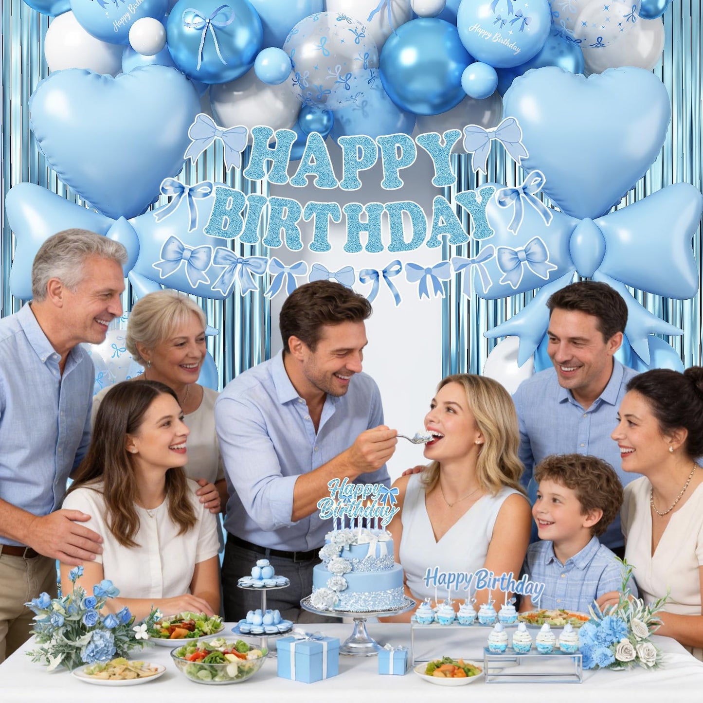 Blue Bow Birthday Party Decorations, Coquette Baby Blue White Bows