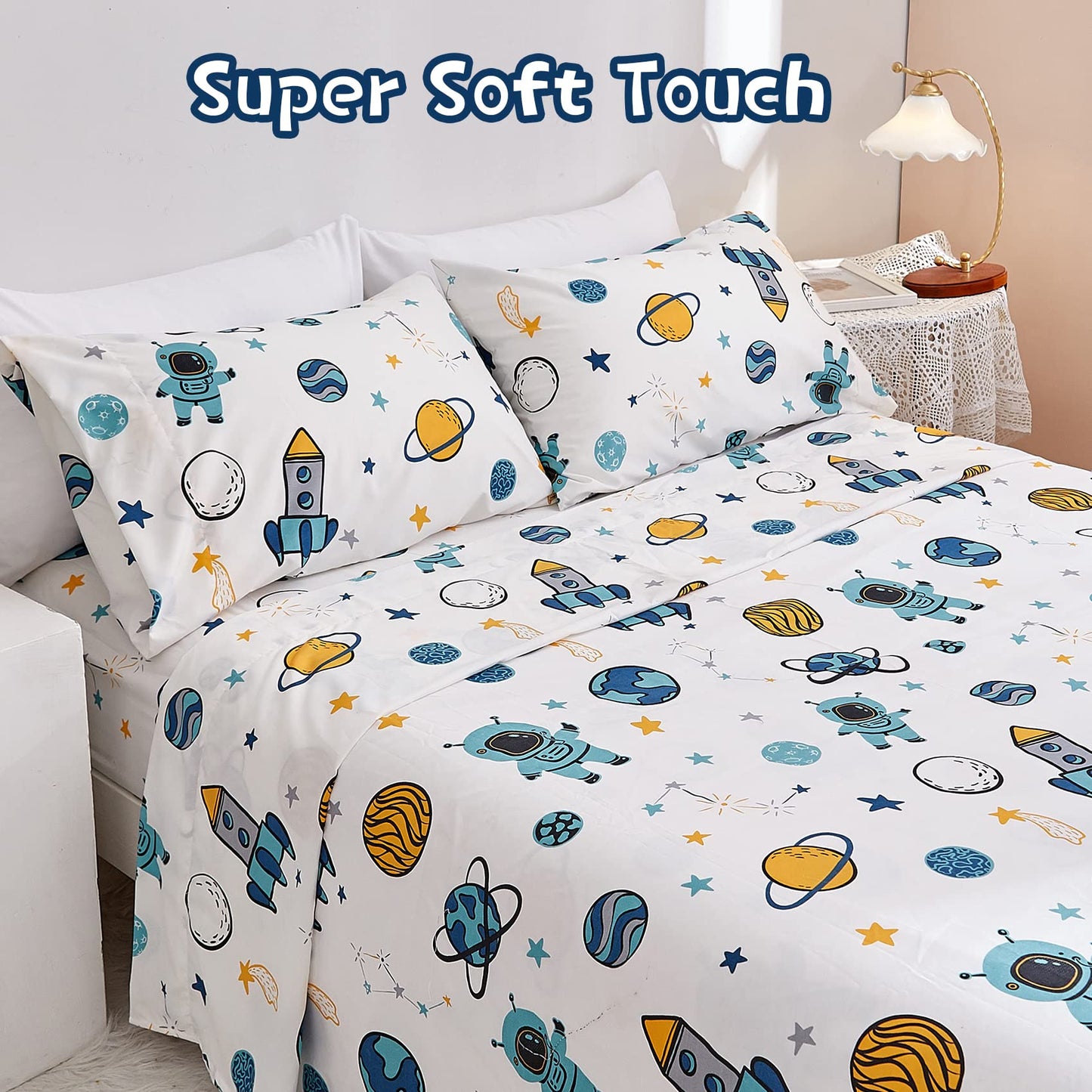 JSD Blue Astronaut Kids Sheet Set Twin Size, 3 Piece Space Rocket