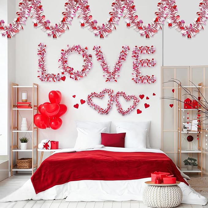 66 FT Valentine's Day Heart Tinsel Garland Decor Red Pink Heart
