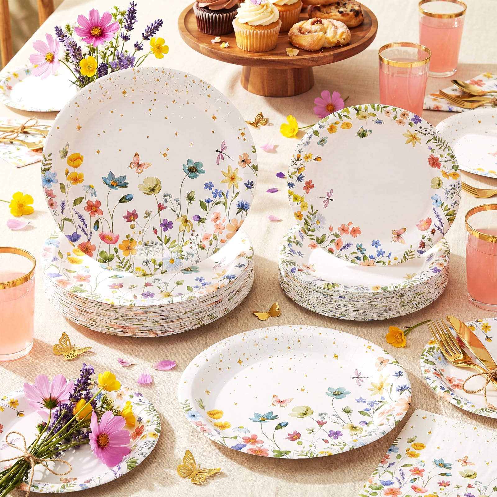 Mumufy 100 Pack Floral Paper Plates 9" & 7" Disposable Wildflower