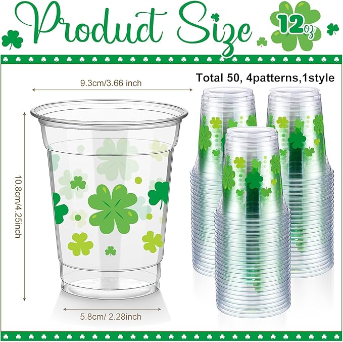 50 Pcs St Patrick's Day Cups 12 oz Plastic Shamrock Glasses Clear
