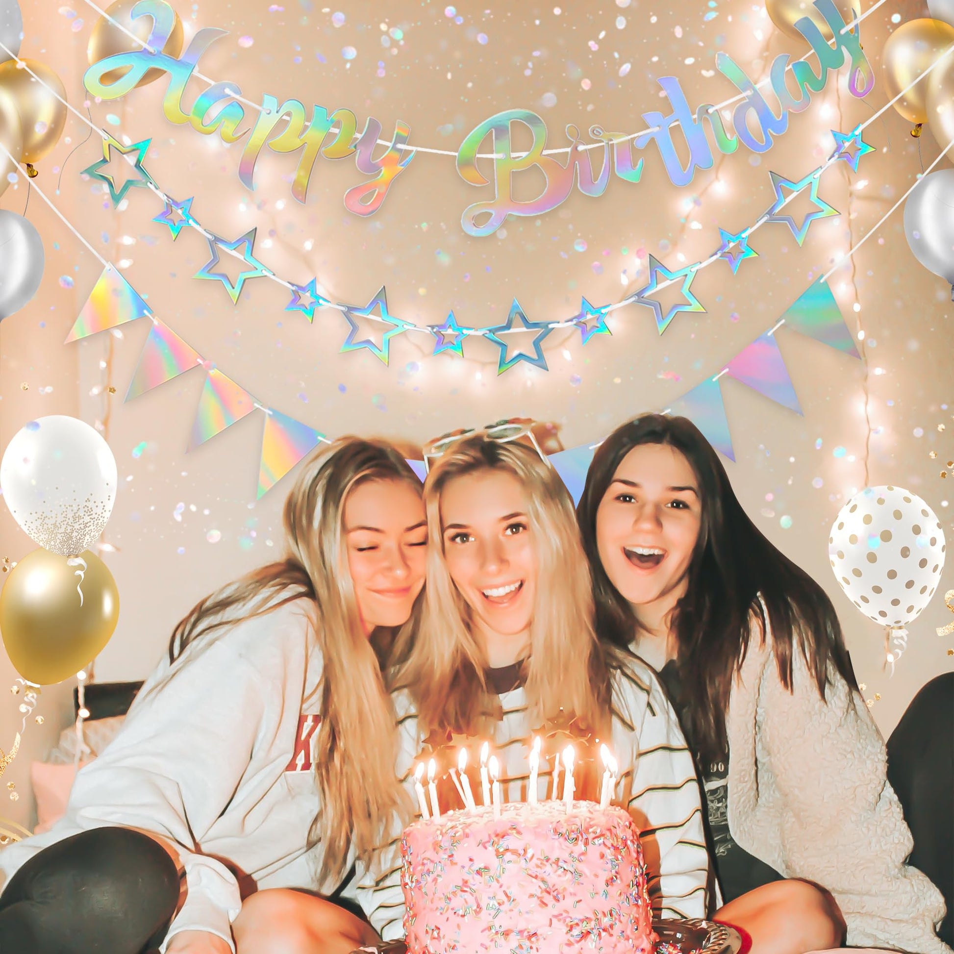 CANREVEL 3 PCS Iridescent Happy Birthday Banners, Hanging Star Garland