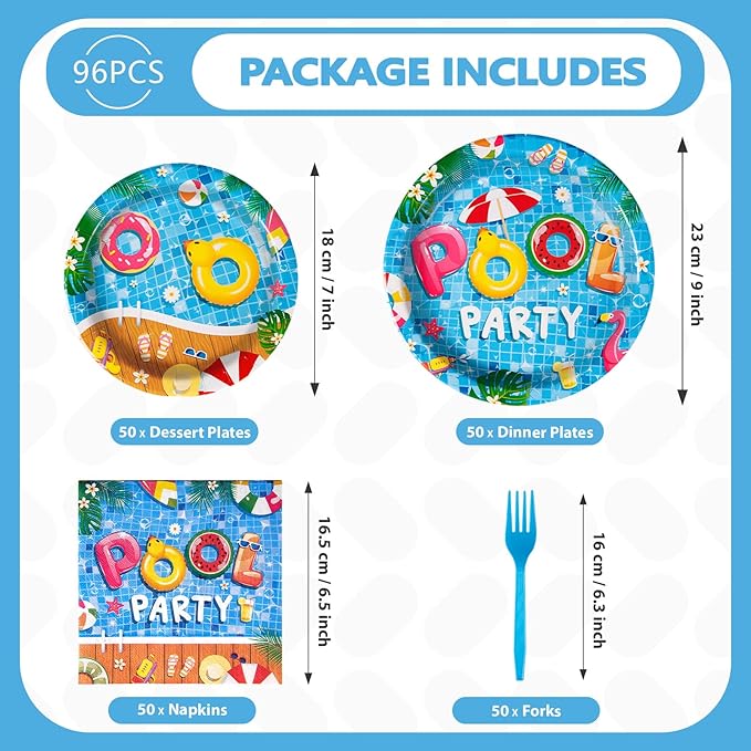 200 Pcs Pool Party Supplies Summer Pool Party Plates and Napkins