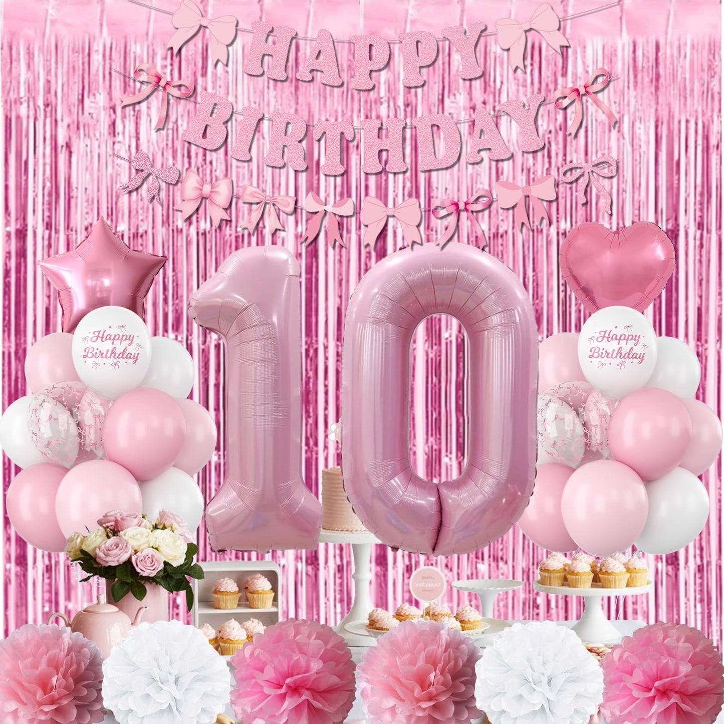 10th Birthday Decorations for Girls Pink Number 10 Balloon Bow
