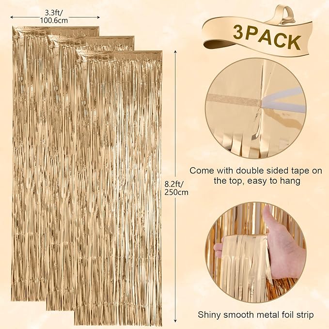 Voircoloria 3 Pack 3.3x8.2 Feet Champagne Foil Fringe Backdrop