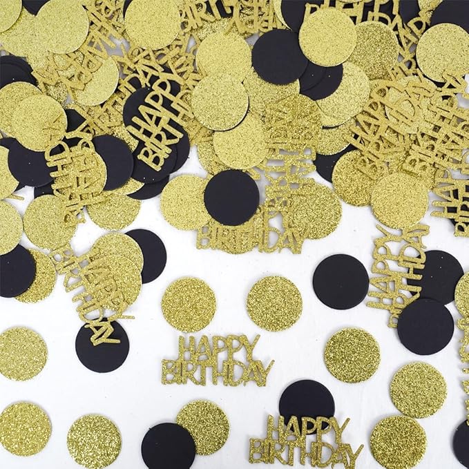 Happy Birthday Confetti, Glitter Gold and Black Birthday Table