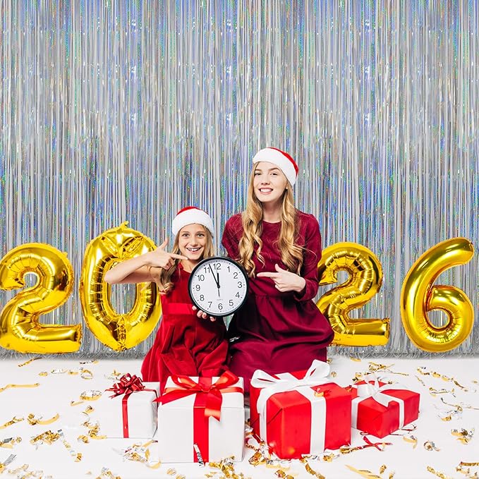 Melsan Silver Tinsel Backdrop Curtain, 3.2 ft x 8 ft Silver Foil