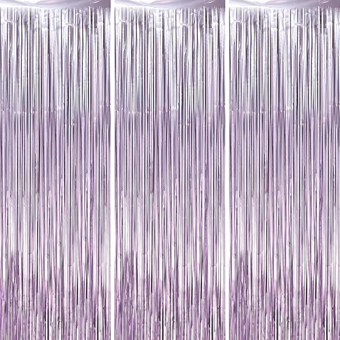 Voircoloria 3 Pack 3.3 x 8.2 ft Light Purple Foil Fringe Backdrop