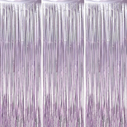 Voircoloria 3 Pack 3.3 x 8.2 ft Light Purple Foil Fringe Backdrop