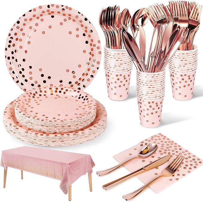 Nkaiso 141 Pieces Pink and Rose Gold Party Supplies, Disposable Party