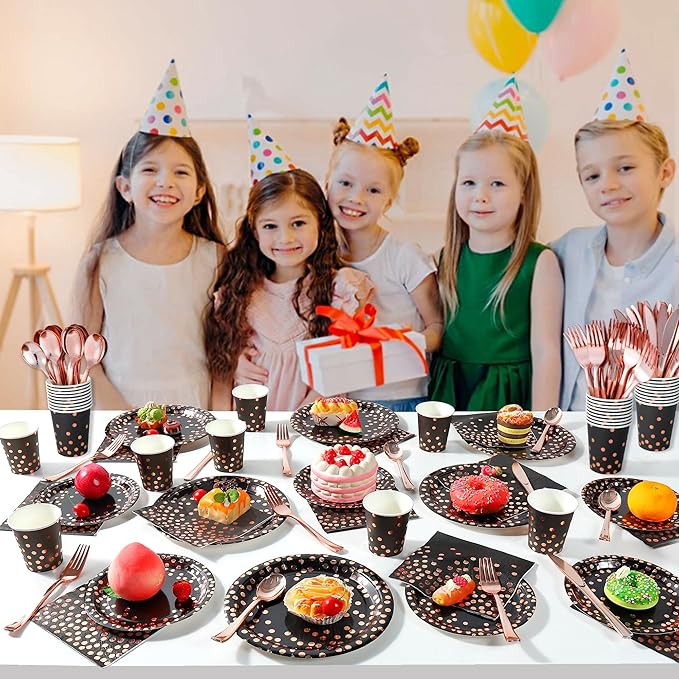 175PCS Black and Rose Gold Party Supplies,Rose Gold Dot on Black