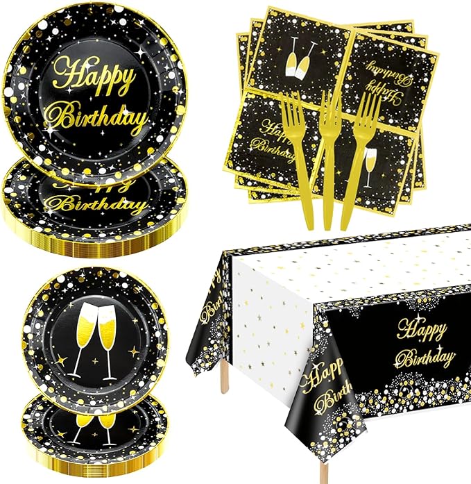 81 Pieces Black and Gold Party Supplies Gold and Black Plates Black