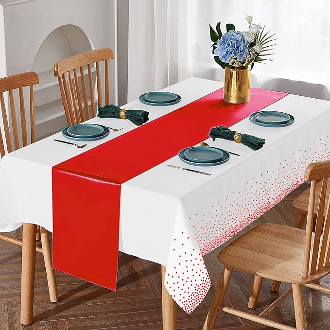 8Pack Disposable Plastic Tablecloths and Satin Table Runner Set White