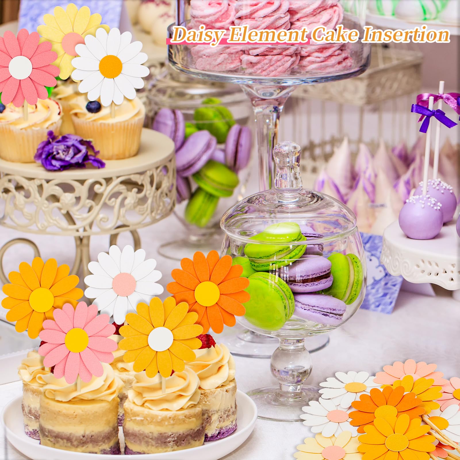 Henoyso 48 Pcs Daisy Cupcake Toppers Groovy Spring Flower Cake Topper