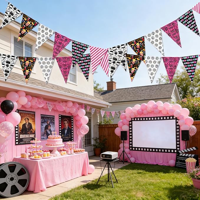 5PCS Pink Movie Night Party Decorations Pennant Banner 49Ft Theater