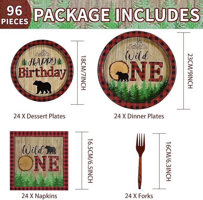96Pcs Lumberjack Wild One Birthday Decorations Buffalo Plaid