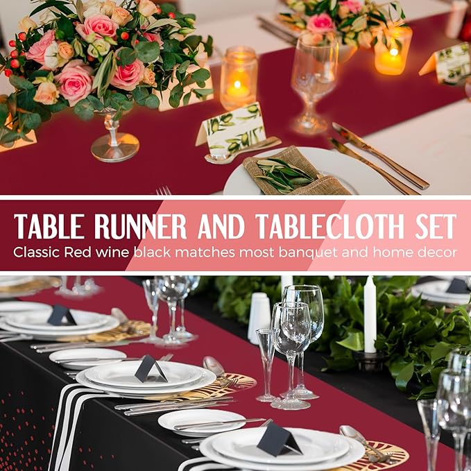 Breling 8 Pack Black and Maroon Disposable Plastic Tablecloths and