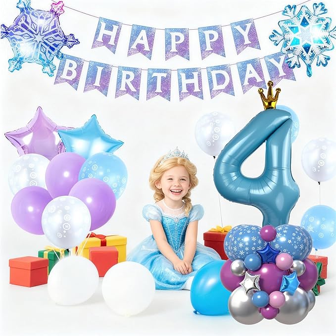 40 Inch Blue Number 4 Balloon Tower Set Winter Ice Princess Theme