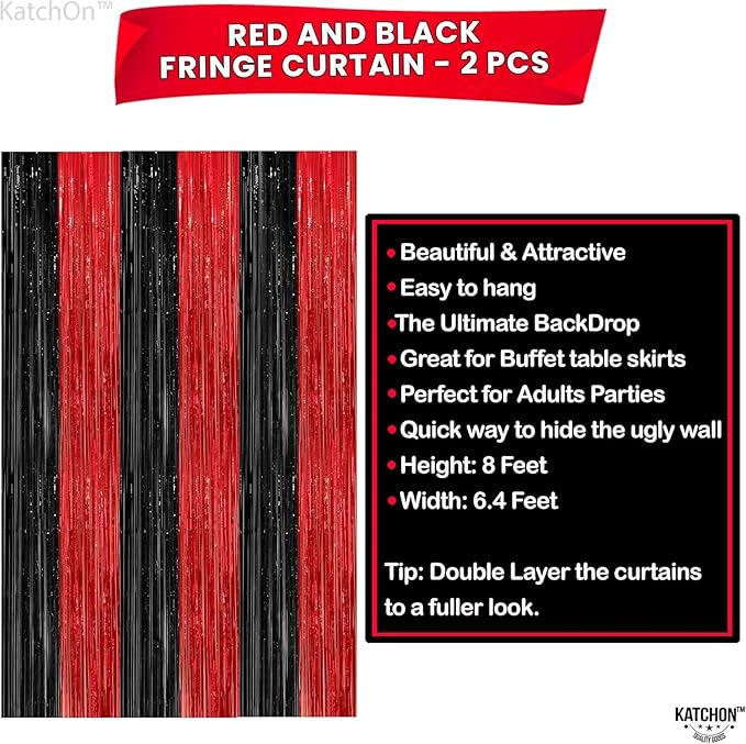 KatchOn Red and Black Fringe Curtain - 6.4x8 Ft Pack of 2 | Red and