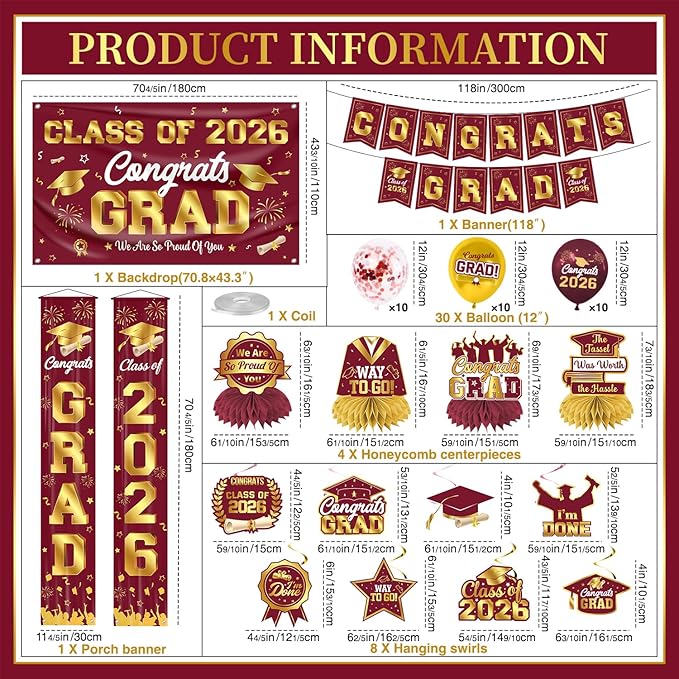Graduation Decorations 2026 Maroon and Gold Graduation Party Decor
