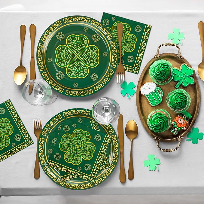 48 pcs St Patrick's Day Tableware Sets 9 Inch Shamrock Clover