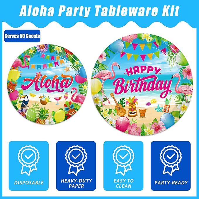 200Pcs Hawaiian Aloha Party Tableware Set Luau Tropical Birthday