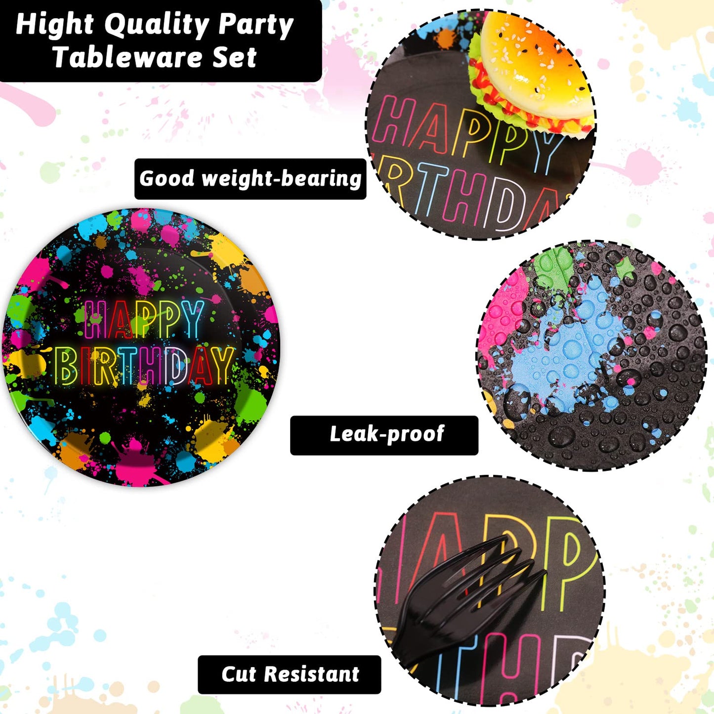 chiazllta 96 Pcs Neon Party Paper Plate and Napkins Neon Birthday