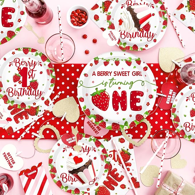 96Pcs Strawberry 1st Birthday Decorations for Girls Berry First
