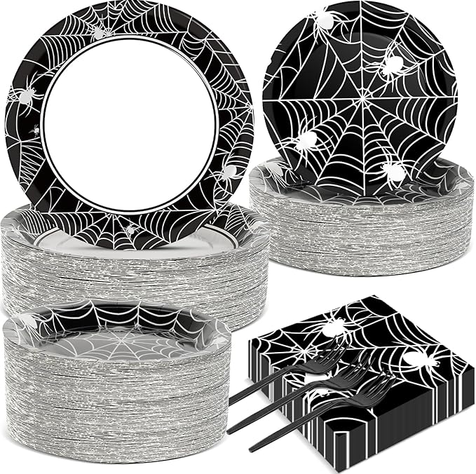50 Guests Halloween Spider Web Plates and Napkins Party Supplies